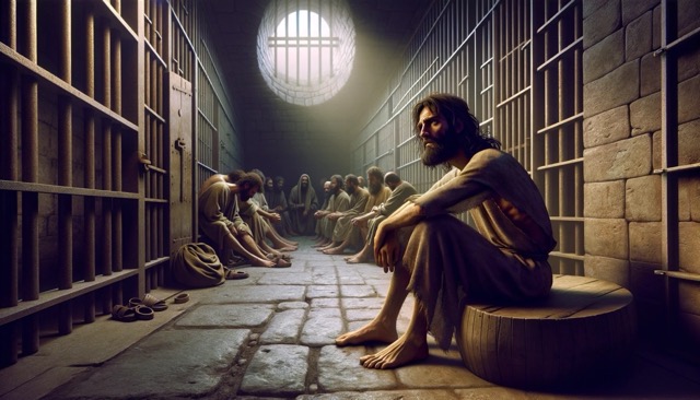 DALL·E 2024-01-29 19.43.18 – A wide and realistic image depicting John the Baptist in jail. Please create a scene that captures John the Baptist in a jail setting, emphasizing the Large Medium 2
